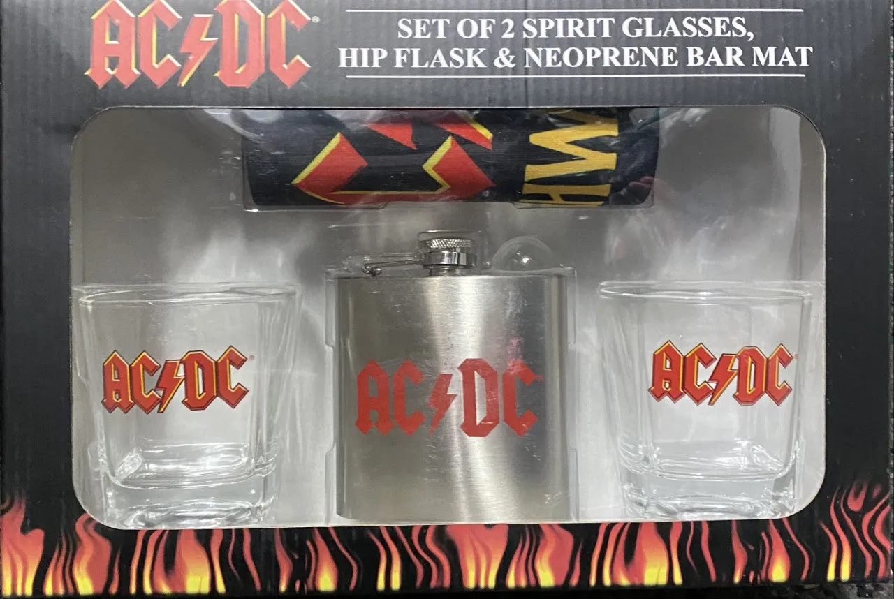 ACDC Set Of 2 Spirit Glasses With Flask And Bar Mat Runner