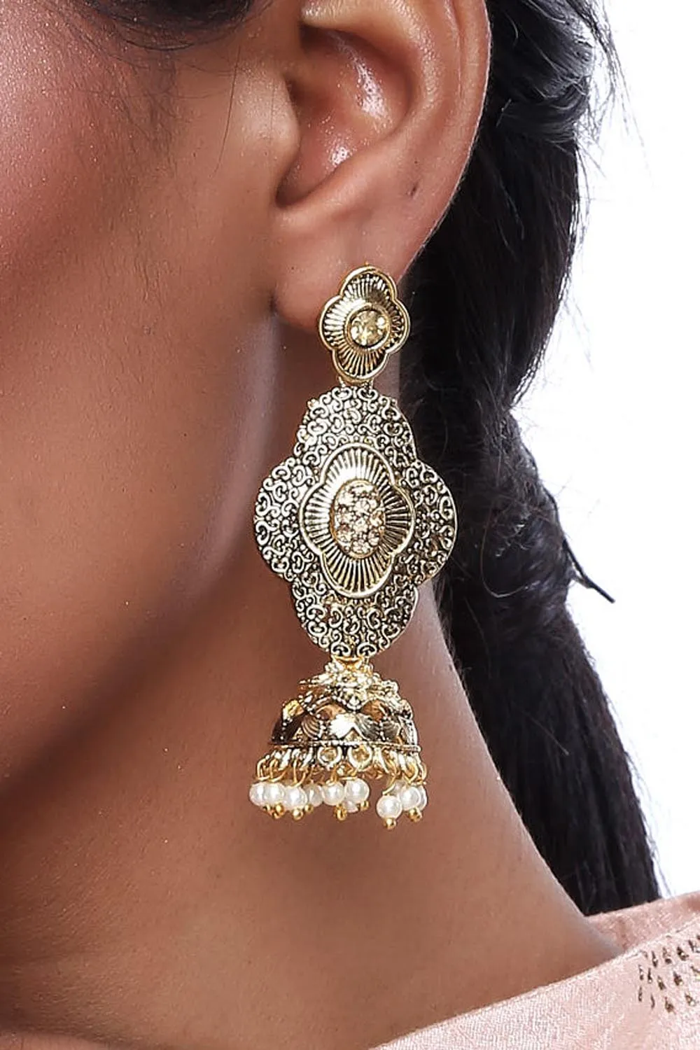 Alloy Jhumka Dangling Earrings in Gold