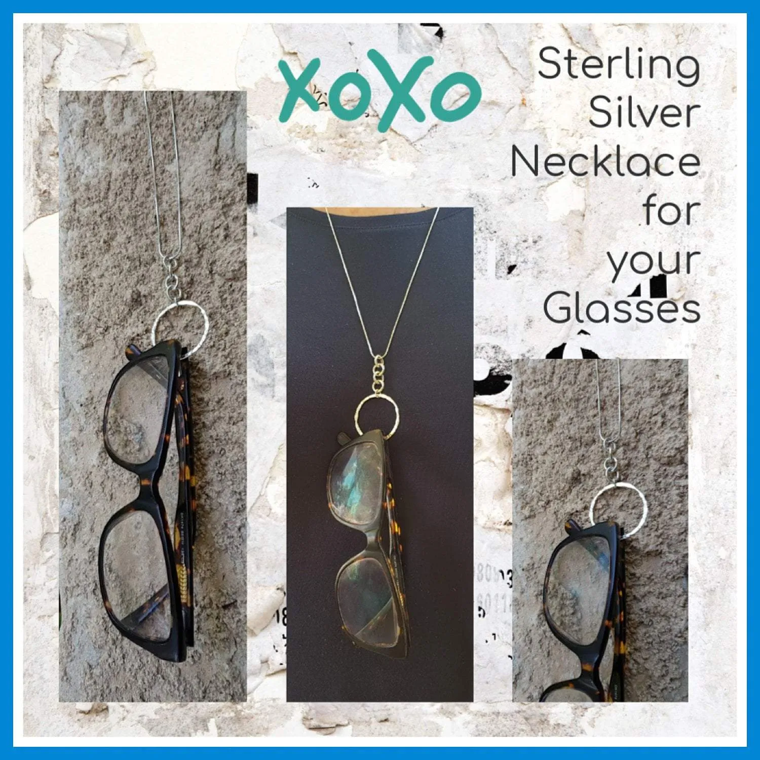 boho-chic designer sterling silver necklace for carrying your glasses. Unisex. Valentine gift