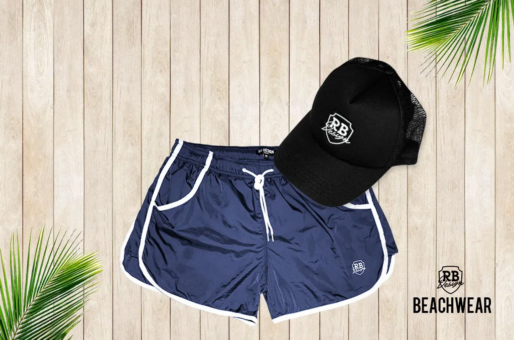 Bundle Dark Blue Mens Swimming Shorts   Black Hat White Logo BW02DBBW