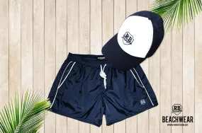 Bundle Dark Blue Mens Swimming Shorts   Blue/White Hat BW01DBB