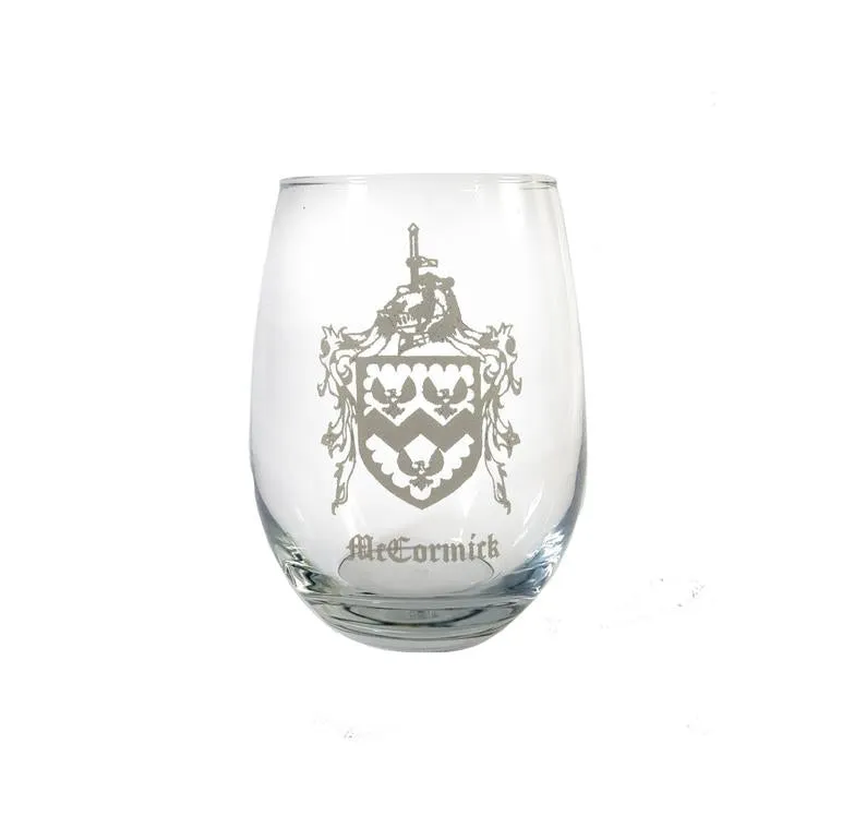 Custom Engraved Family Crest Stemless Wine Glasses