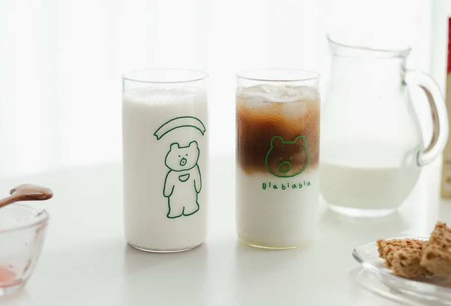 Cute Green Bear illlust Graphic Clear Mugs Glasses Printed Vintage Cups 370ml Gifts Kitchen Dinnerware Cold Hot Milk Coffee