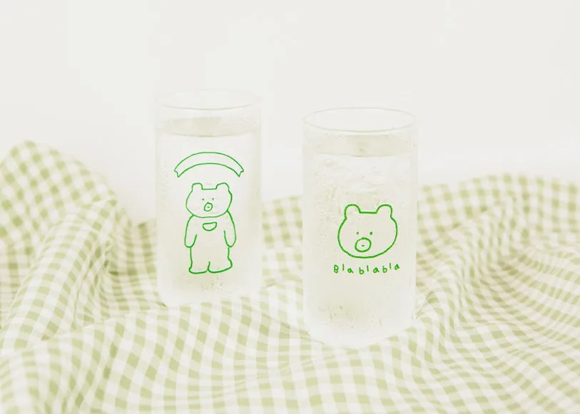 Cute Green Bear illlust Graphic Clear Mugs Glasses Printed Vintage Cups 370ml Gifts Kitchen Dinnerware Cold Hot Milk Coffee