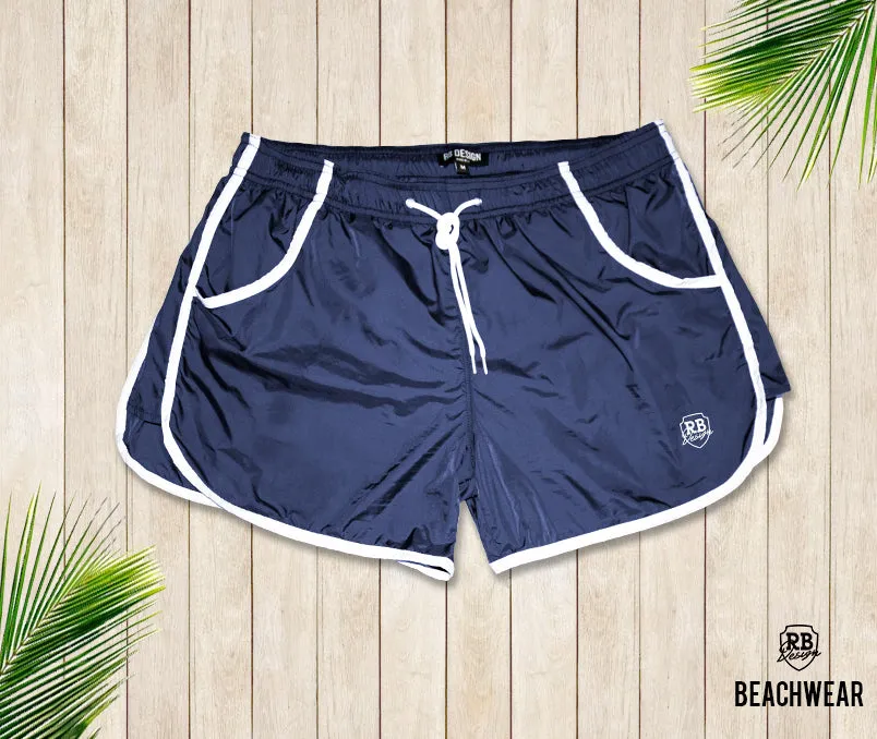 Dark Blue Men's Swimming Shorts With White Borders BW02DB