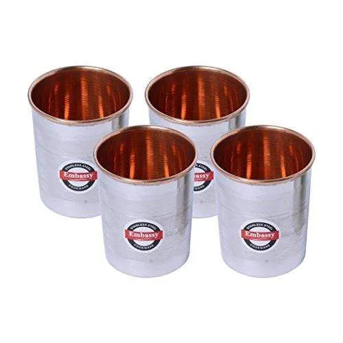 Embassy Water Glasses, Copper Interior and Stainless Steel Exterior, Pack of 4, 200 ml / Glass