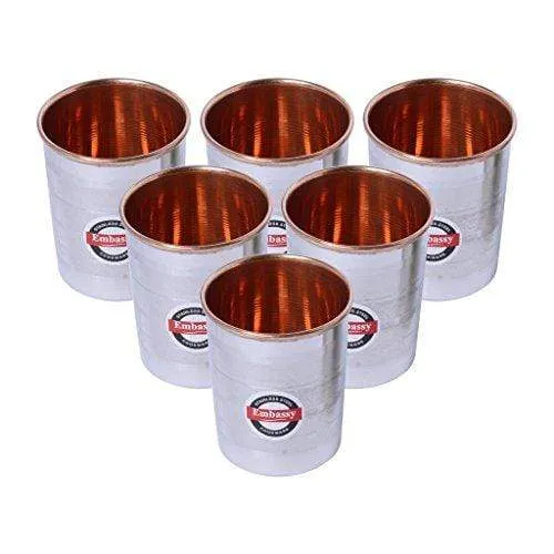 Embassy Water Glasses, Copper Interior and Stainless Steel Exterior, Pack of 6, 200 ml / Glass