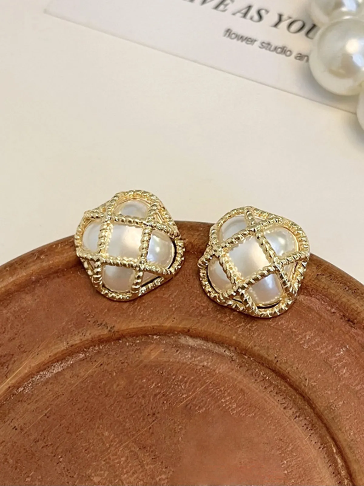 Gold Alloy Pearl Vintage Stud Earrings