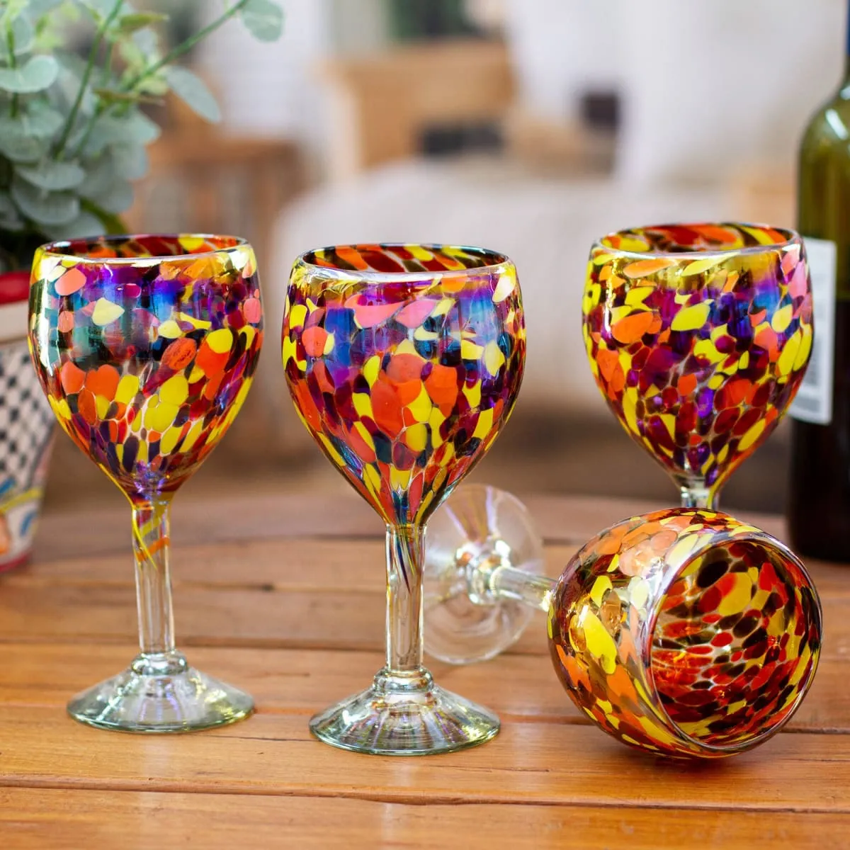 Novica Bright Confetti Handblown Recycled Glass Wine Glasses (Set Of 4)