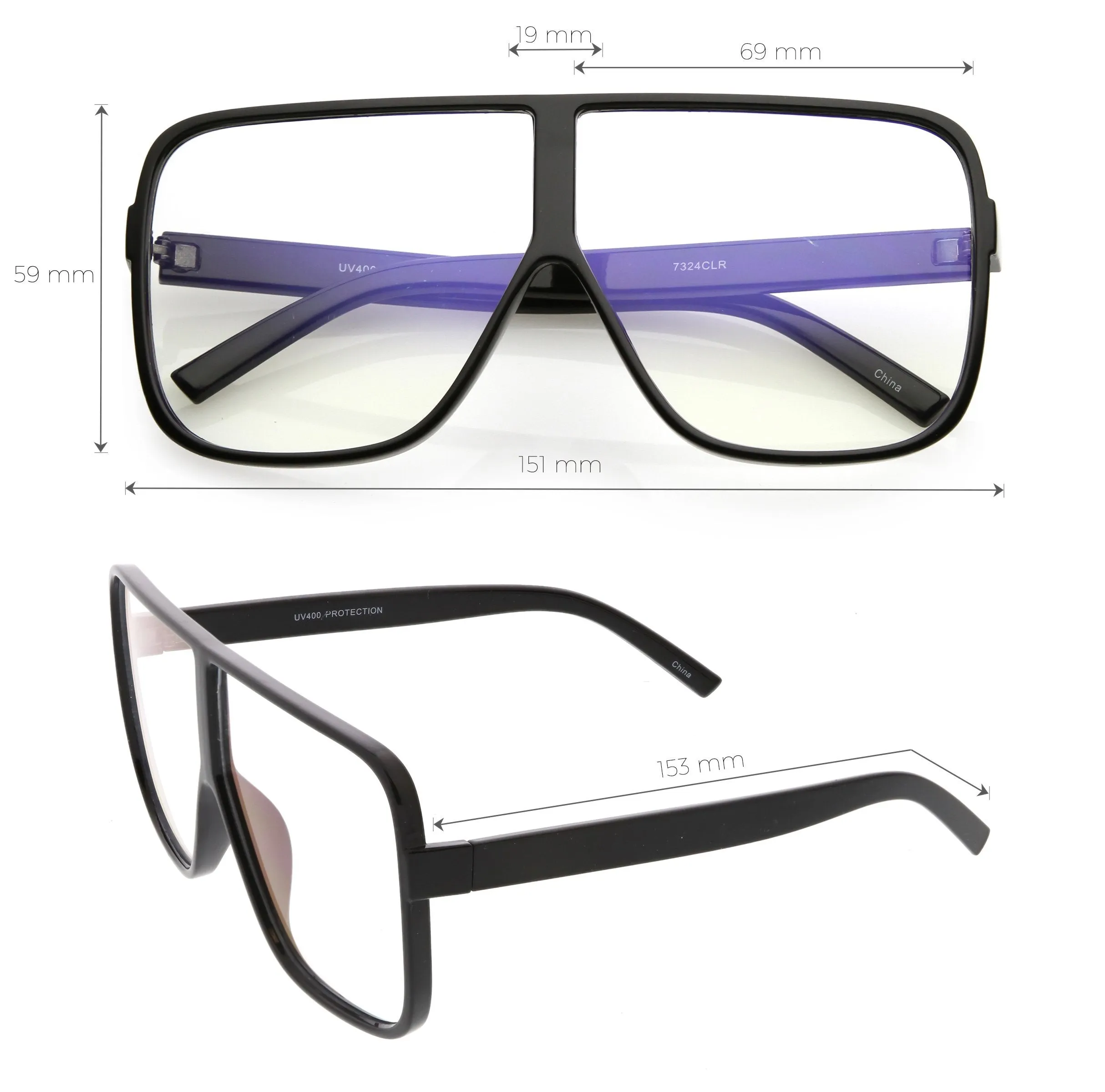 Oversize Retro Flat Top Square Shield Clear Lens Glasses