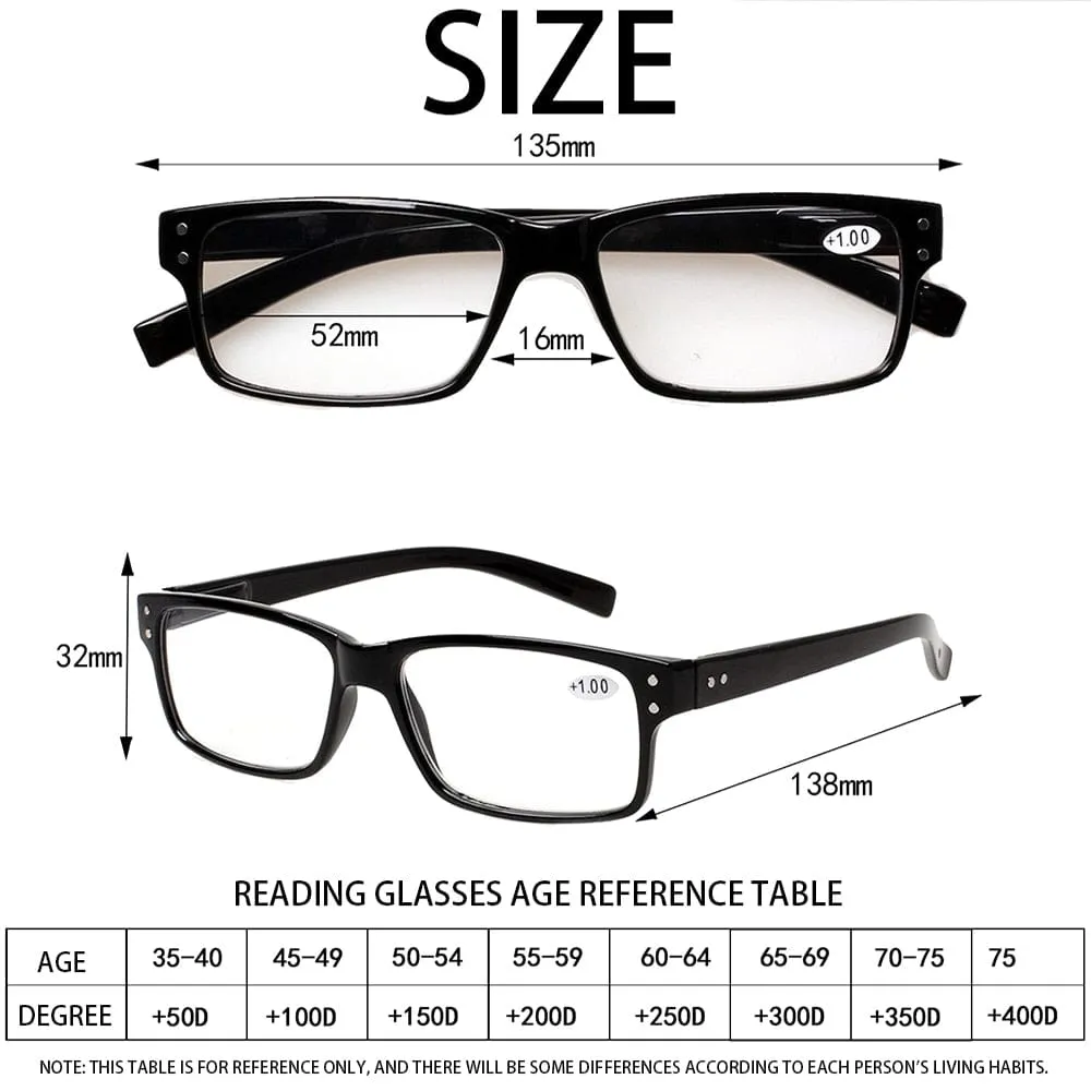 Turezing Classic Spring Hinge  Black Reading Glasses for Men and Women HD Eyeglasses Diopter  0.5 1.0 2.0 3.0 4.0 5.0 6.0