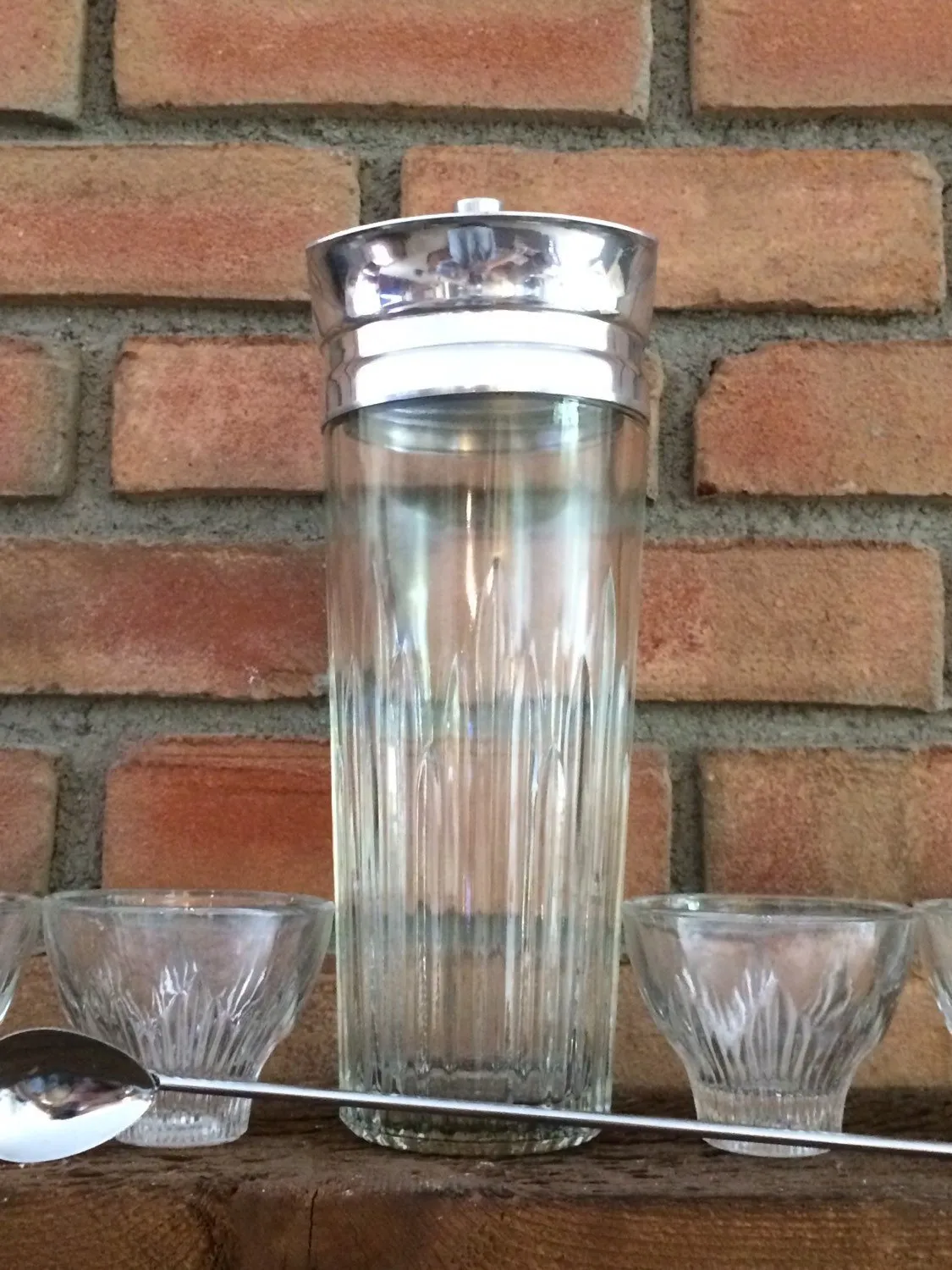 Vintage Art Deco Bar Set with Cocktail Shaker and 6 Rocks Glasses by Indiana Glass. Bareware