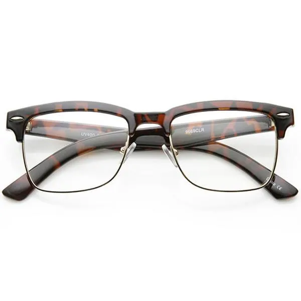 Vintage Inspired Horned Rim Half Frame Clear Lens Glasses